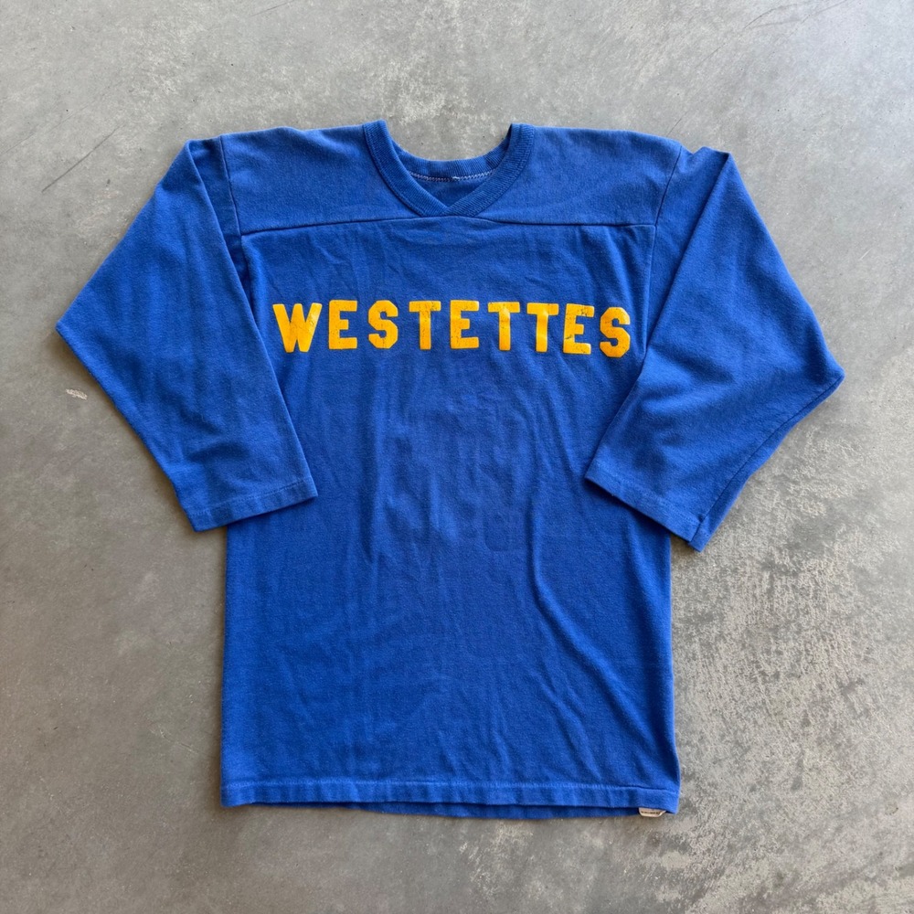 Vintage 60s 70s Russell Athletic Westettes Football Jersey Blue Yellow Small